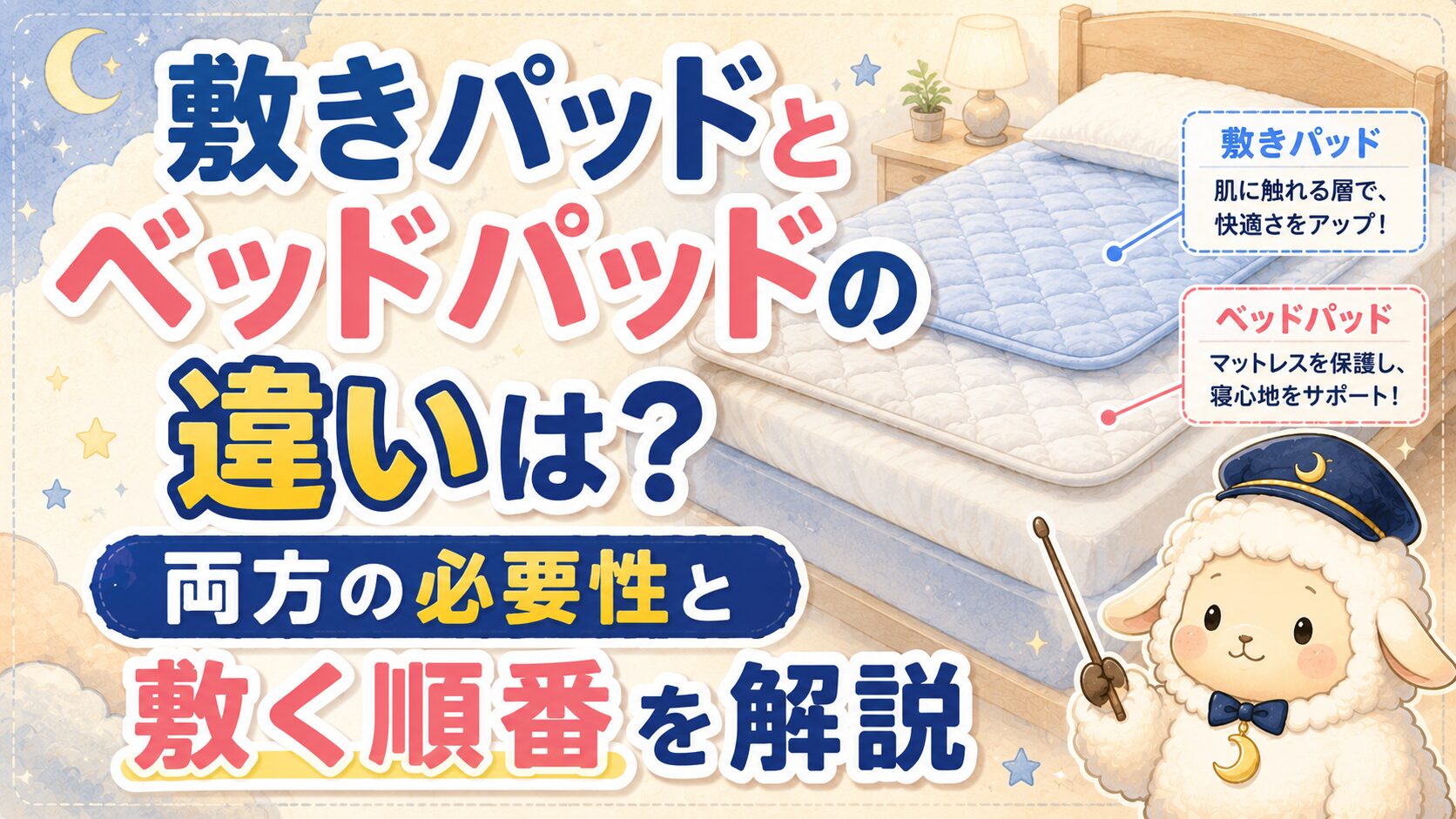 敷きパッドとベッドパッドの違いは？両方の必要性と敷く順番を解説の記事のアイキャッチ画像
