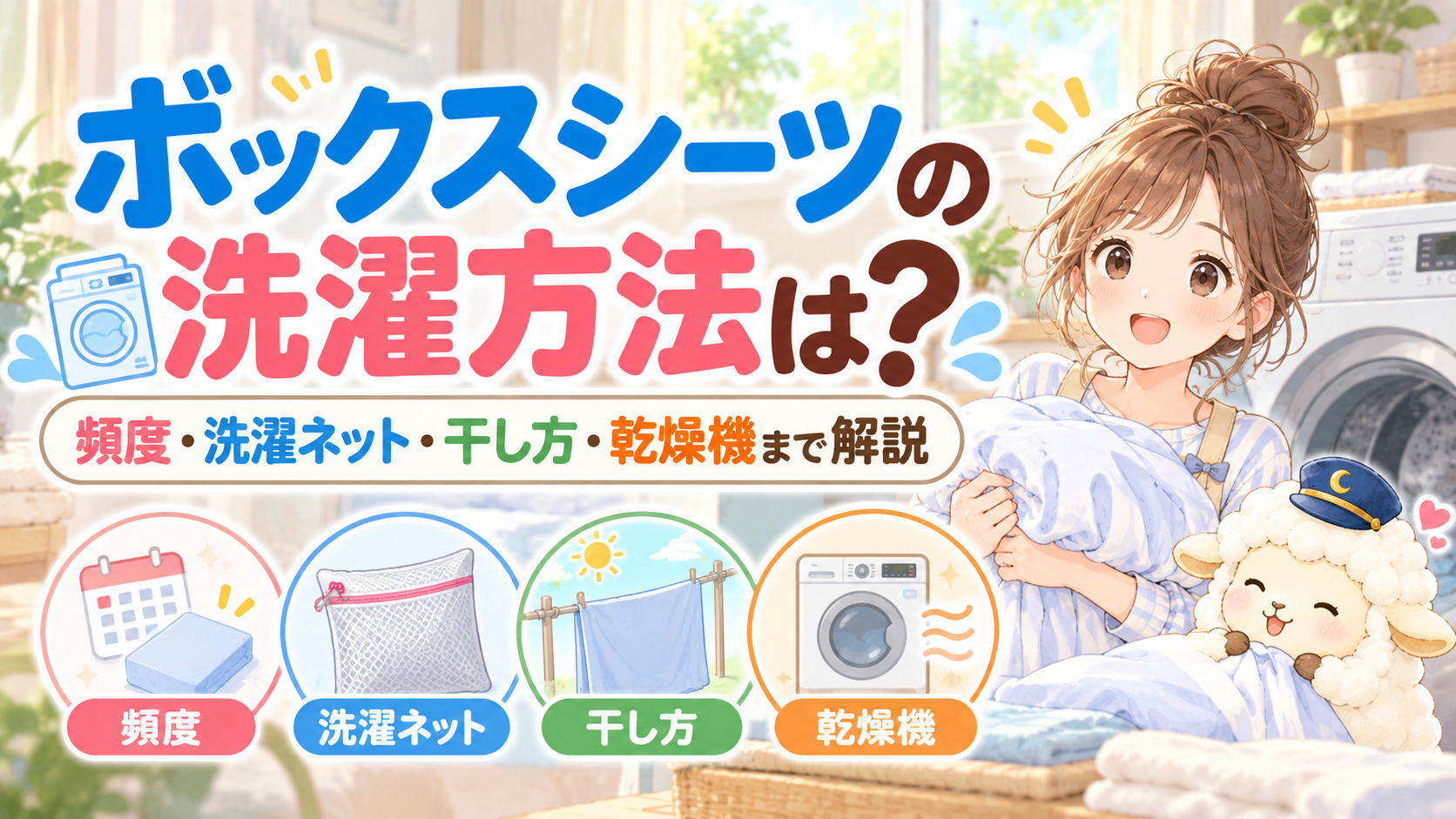 ボックスシーツの洗濯方法は?頻度・洗濯ネット・干し方・乾燥機まで解説の記事のアイキャッチ画像