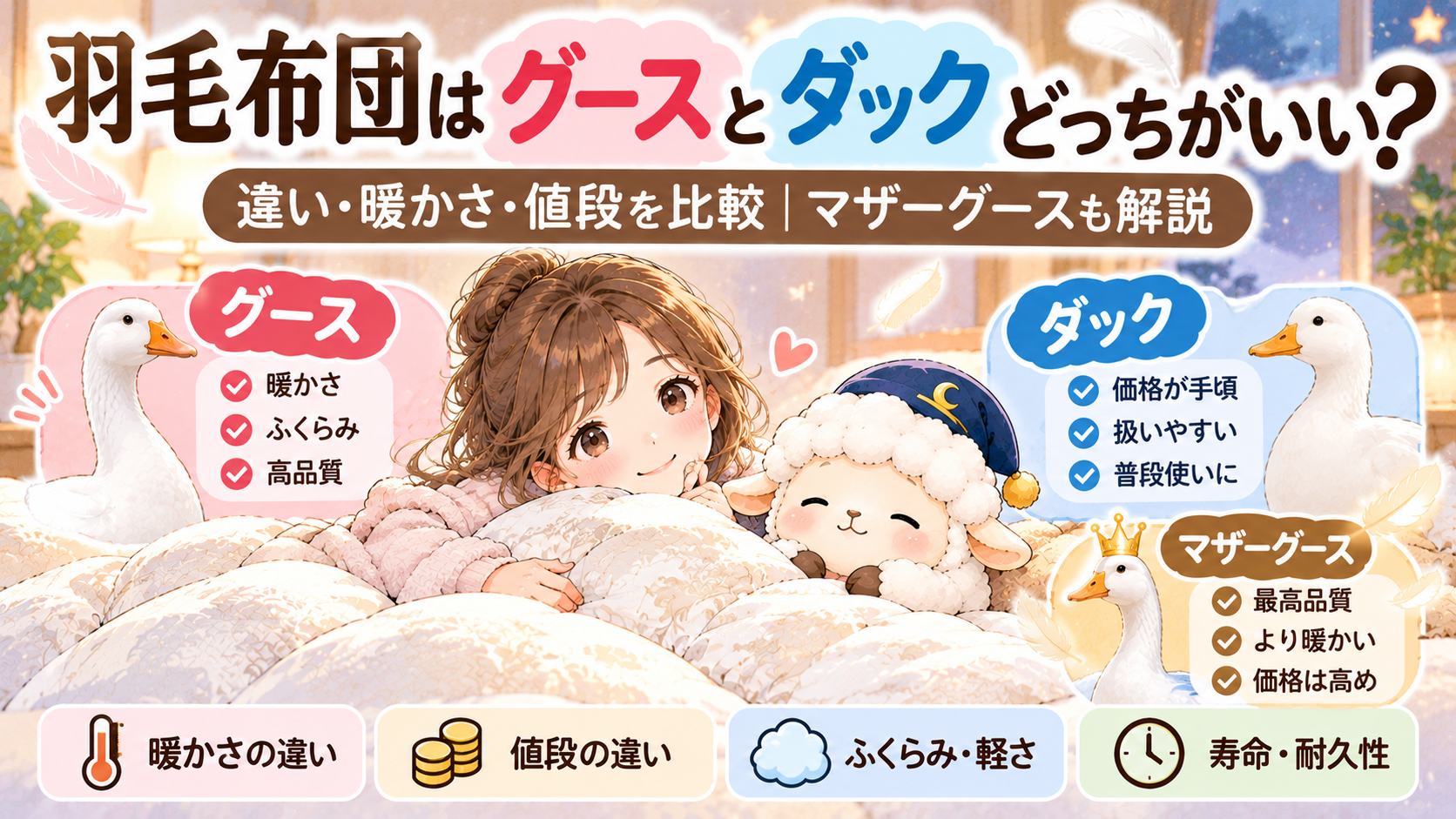 羽毛布団はグースとダックどっちがいい?違い・暖かさ・値段を比較|マザーグースも解説の記事のアイキャッチ画像