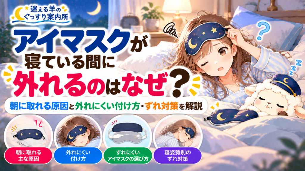 アイマスクが寝ている間に外れるのはなぜ？朝に取れる原因と外れにくい付け方・ずれ対策を解説の記事のアイキャッチ画像