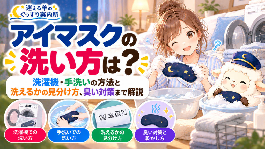 アイマスクの洗い方は？洗濯機・手洗いの方法と洗えるかの見分け方、臭い対策まで解説の記事のアイキャッチ画像