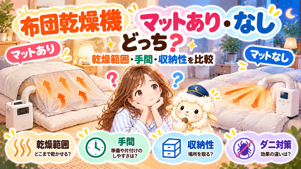 布団乾燥機はマットあり・なしどっち？乾燥範囲・手間・収納性を比較の記事のアイキャッチ画像