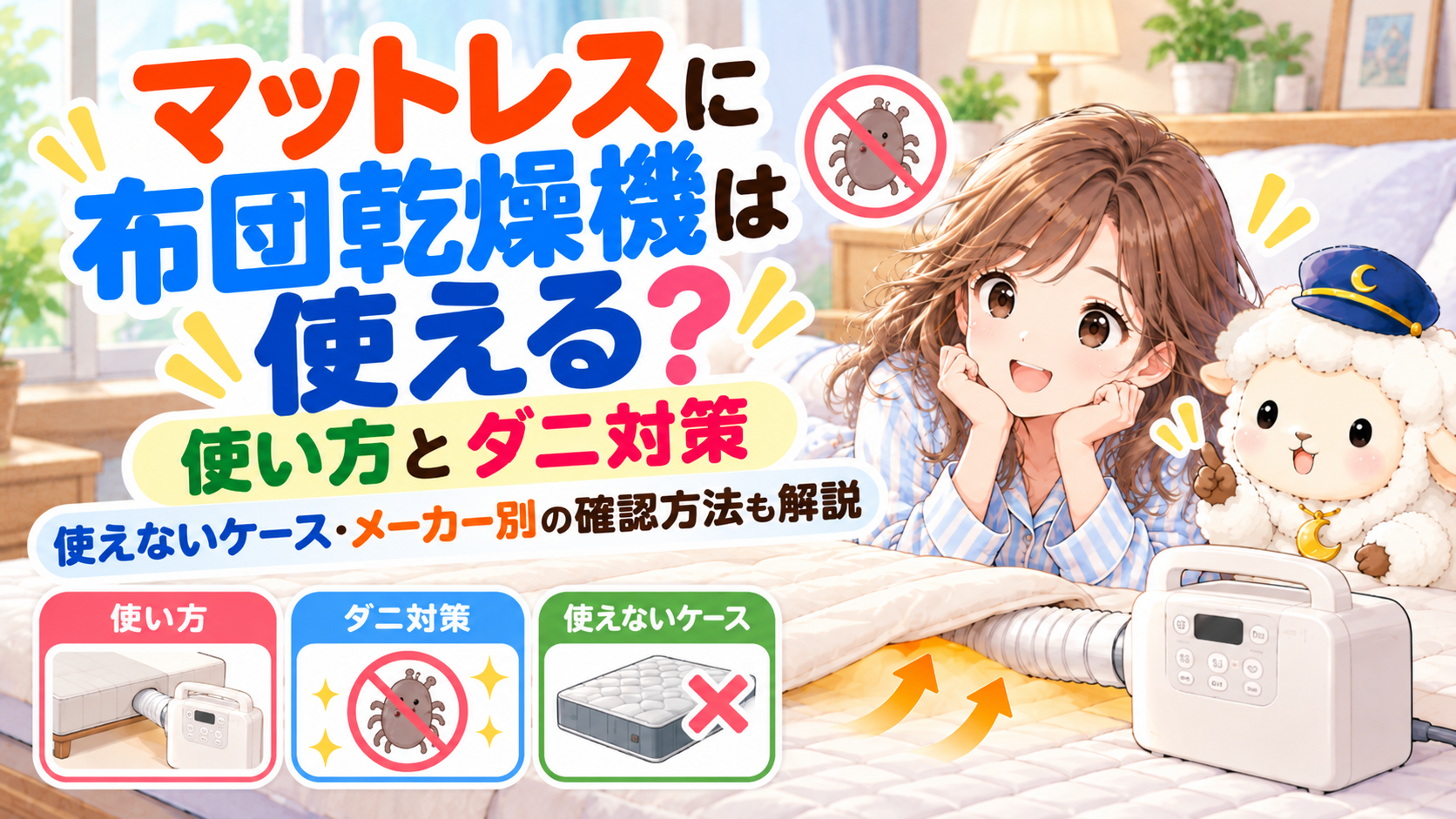 マットレスに布団乾燥機は使える？使い方とダニ対策｜使えないケース・メーカー別の確認方法の記事のアイキャッチ画像