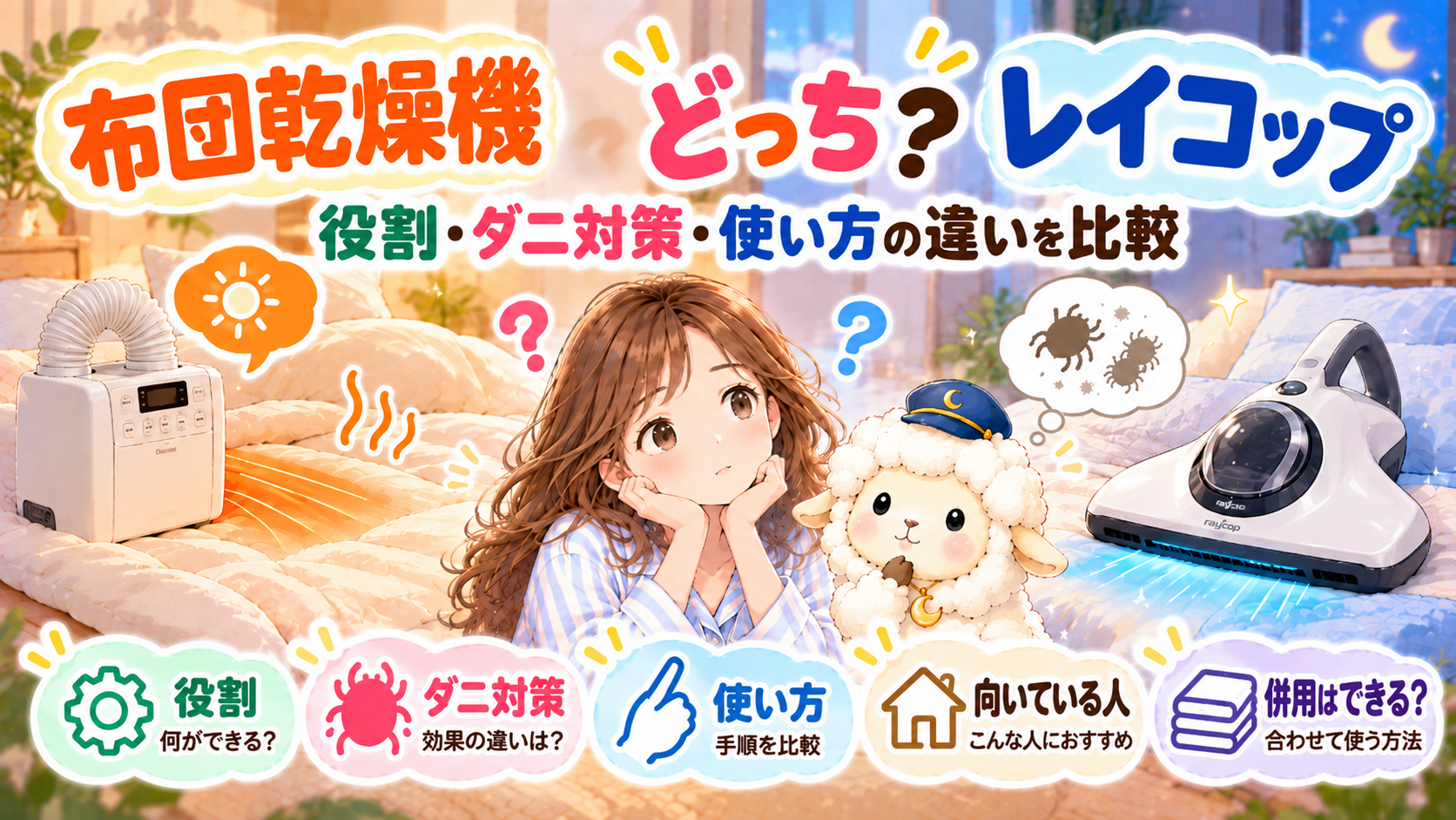 布団乾燥機とレイコップはどっち？役割・ダニ対策・使い方の違いを比較の記事のアイキャッチ画像