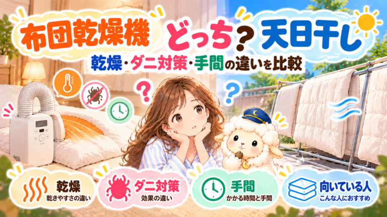 布団乾燥機と天日干しはどっち？乾燥・ダニ対策・手間の違いを比較の記事のアイキャッチ画像