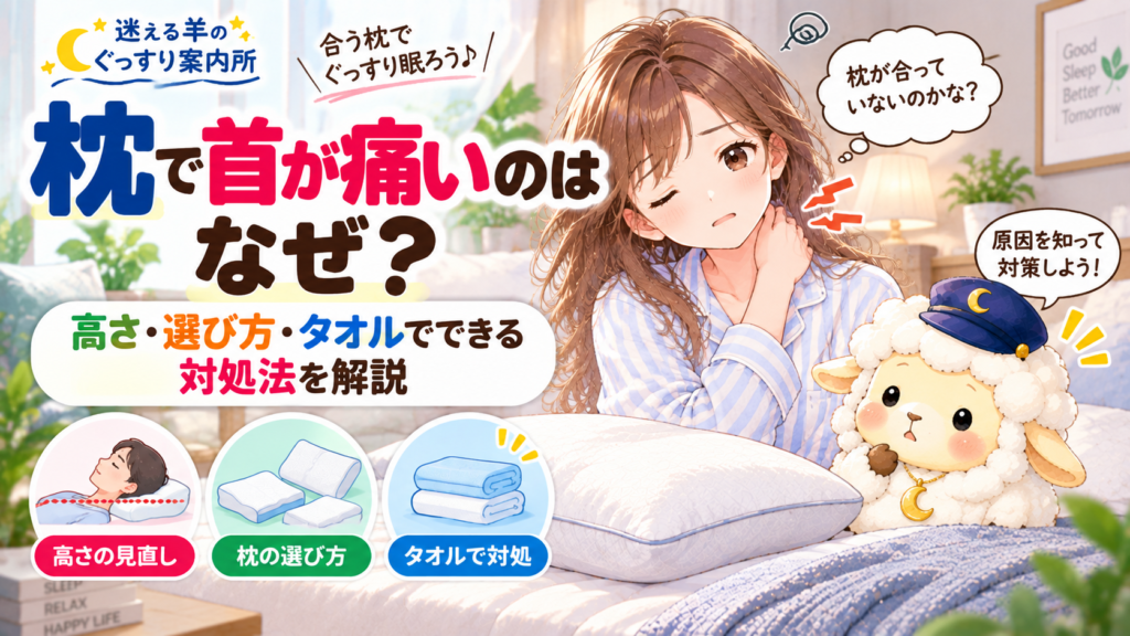 枕で首が痛いのはなぜ？高さ・選び方・タオルでできる対処法を解説の記事のアイキャッチ画像