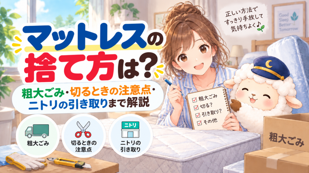 マットレスの捨て方は？粗大ごみ・切るときの注意点・ニトリの引き取りまで解説の記事のアイキャッチ画像