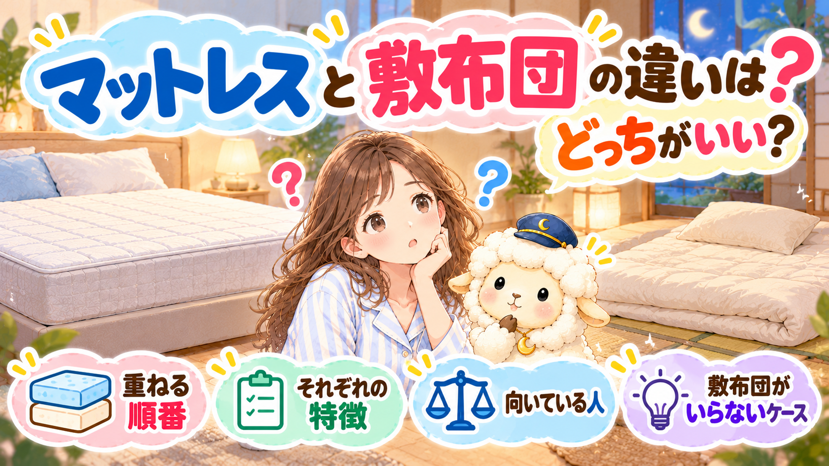 マットレスと敷布団の違いは？どっちがいい？重ねる順番・敷布団がいらないケースも解説の記事のアイキャッチ画像