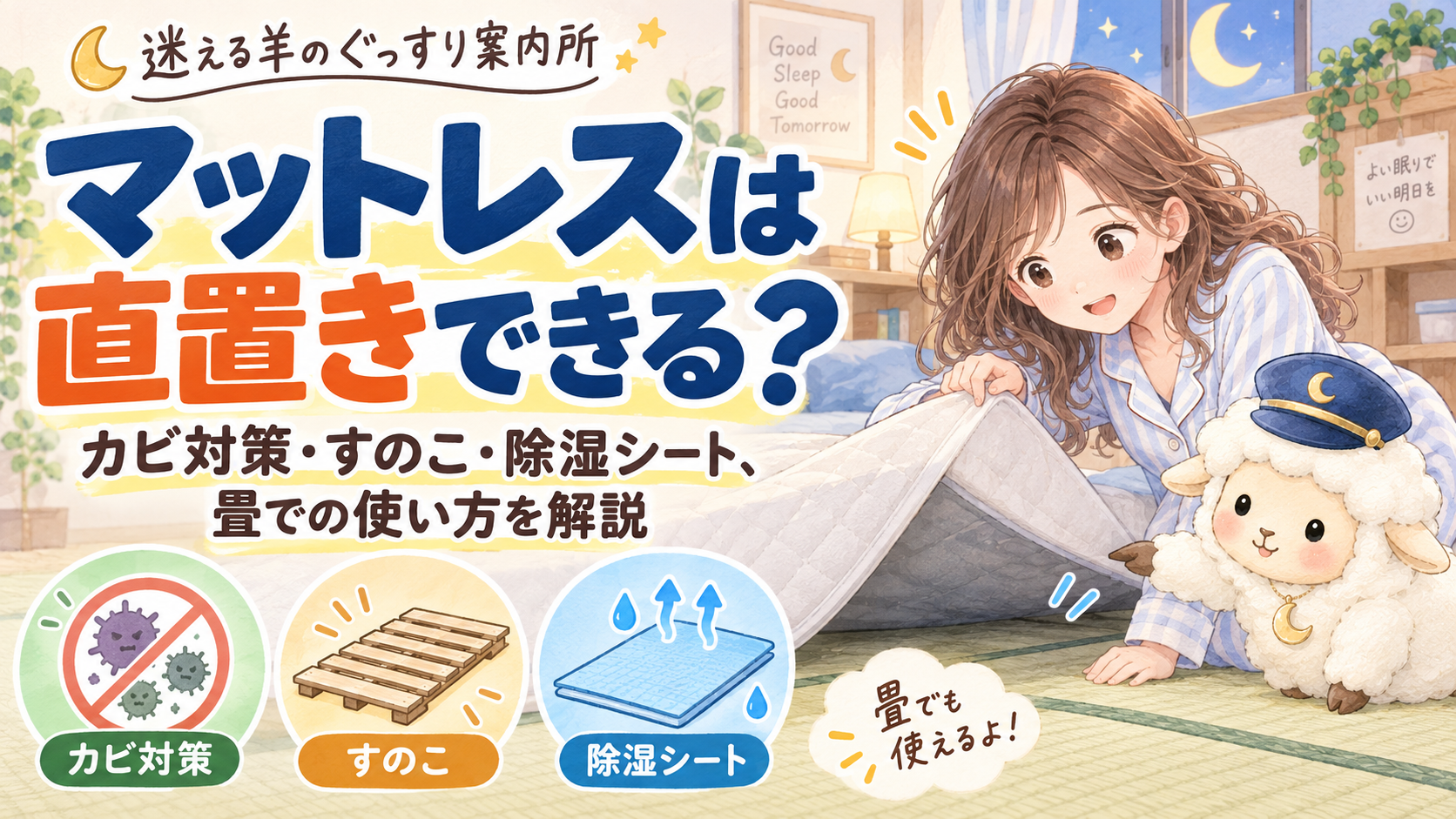 マットレスは直置きできる？カビ対策・すのこ・除湿シート、畳での使い方を解説の記事のアイキャッチ画像