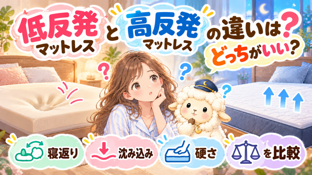 低反発マットレスと高反発マットレスの違いは？どっちがいい？寝返り・沈み込み・硬さを比較の記事のアイキャッチ画像