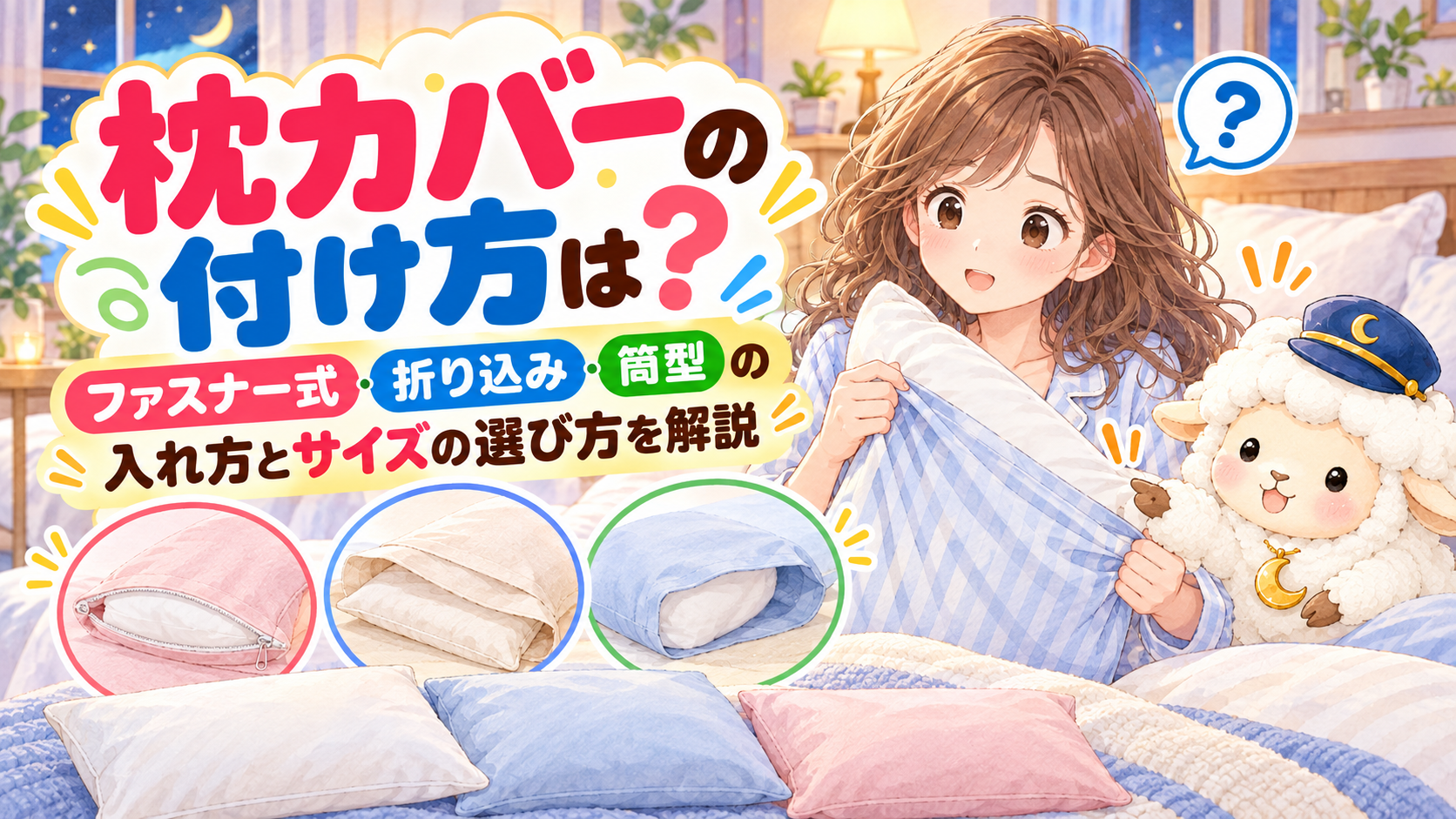 枕カバーの付け方は？ファスナー式・折り込み・筒型の入れ方とサイズの選び方を解説の記事のアイキャッチ画像
