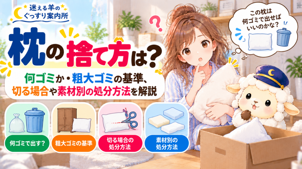 枕の捨て方は？何ゴミか・粗大ゴミの基準、切る場合や素材別の処分方法を解説の記事のアイキャッチ画像
