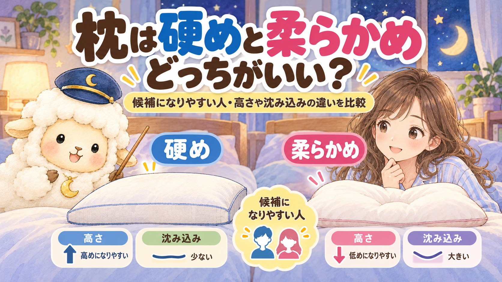 枕は硬めと柔らかめどっちがいい?候補になりやすい人・高さや沈み込みの違いを比較の記事のアイキャッチ画像