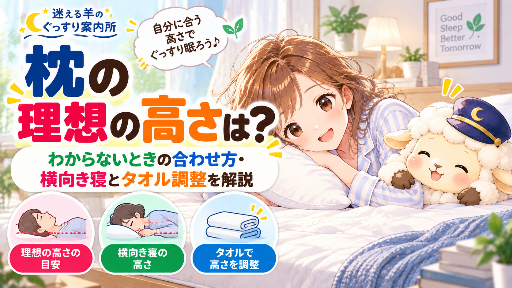 枕の理想の高さは?わからないときの合わせ方・横向き寝とタオル調整を解説の記事のアイキャッチ画像