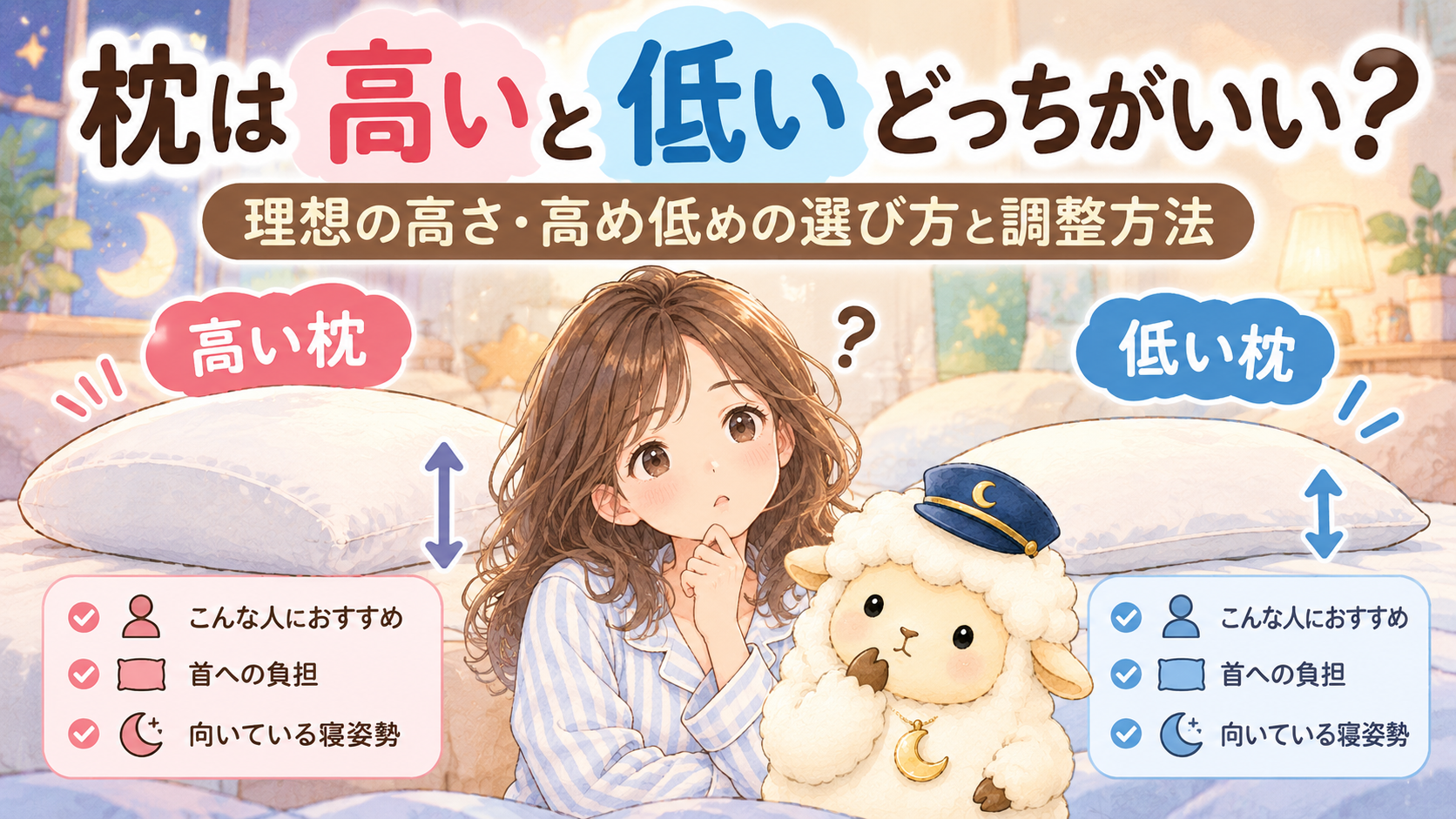 枕は高い・低いどっちがいい?理想の高さ・高め低めの選び方と調整方法の記事のアイキャッチ画像