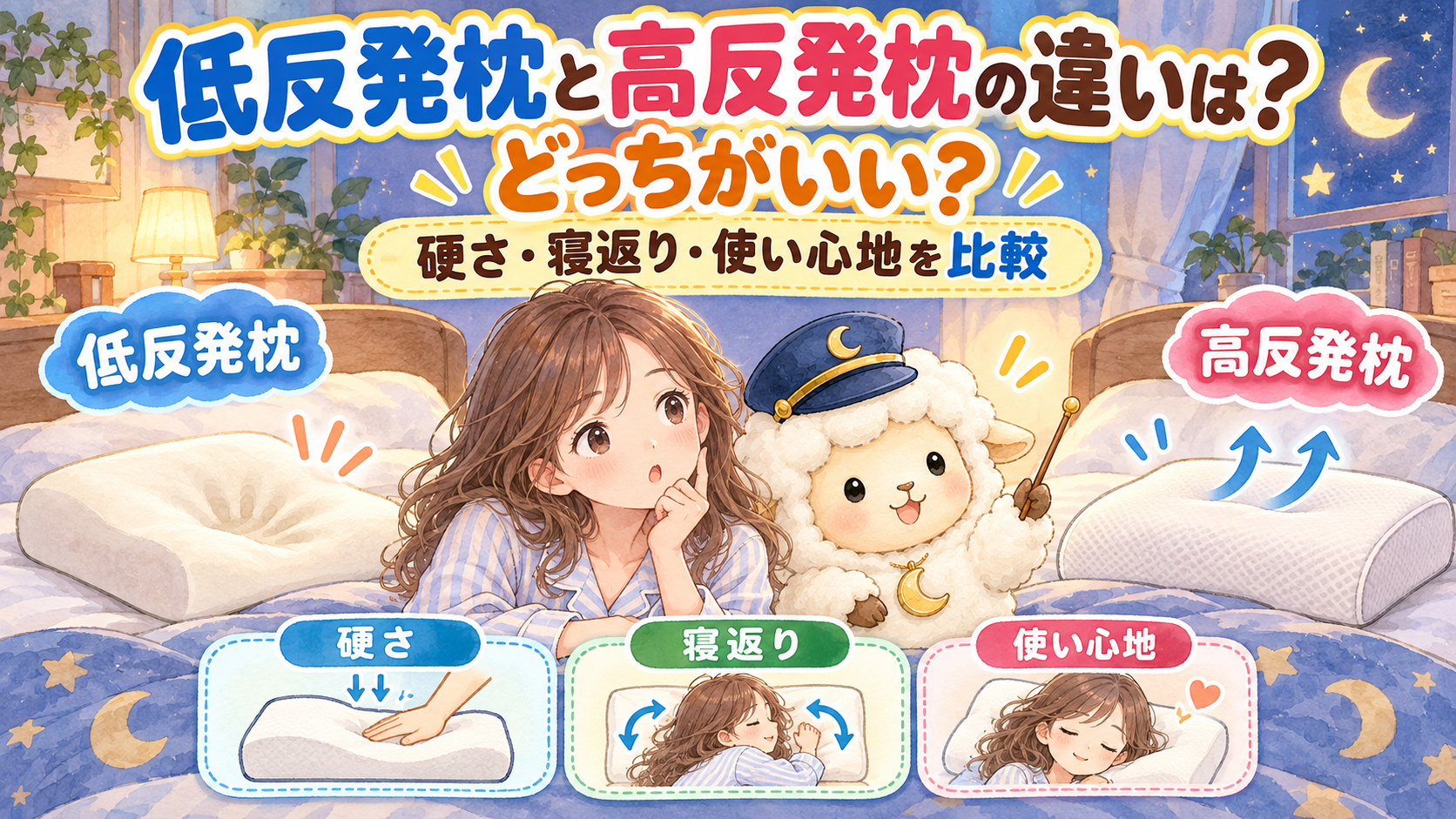 低反発枕と高反発枕の違いは?どっちがいい?硬さ・寝返り・使い心地を比較の記事のアイキャッチ画像