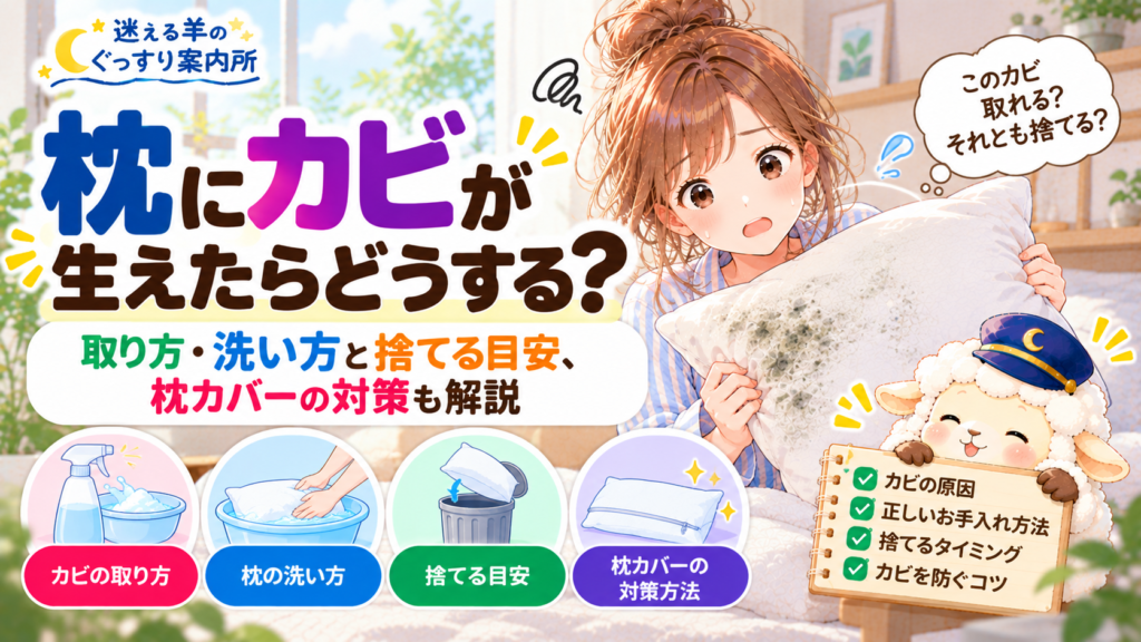 枕にカビが生えたらどうする？取り方・洗い方と捨てる目安、枕カバーの対策も解説の記事のアイキャッチ画像