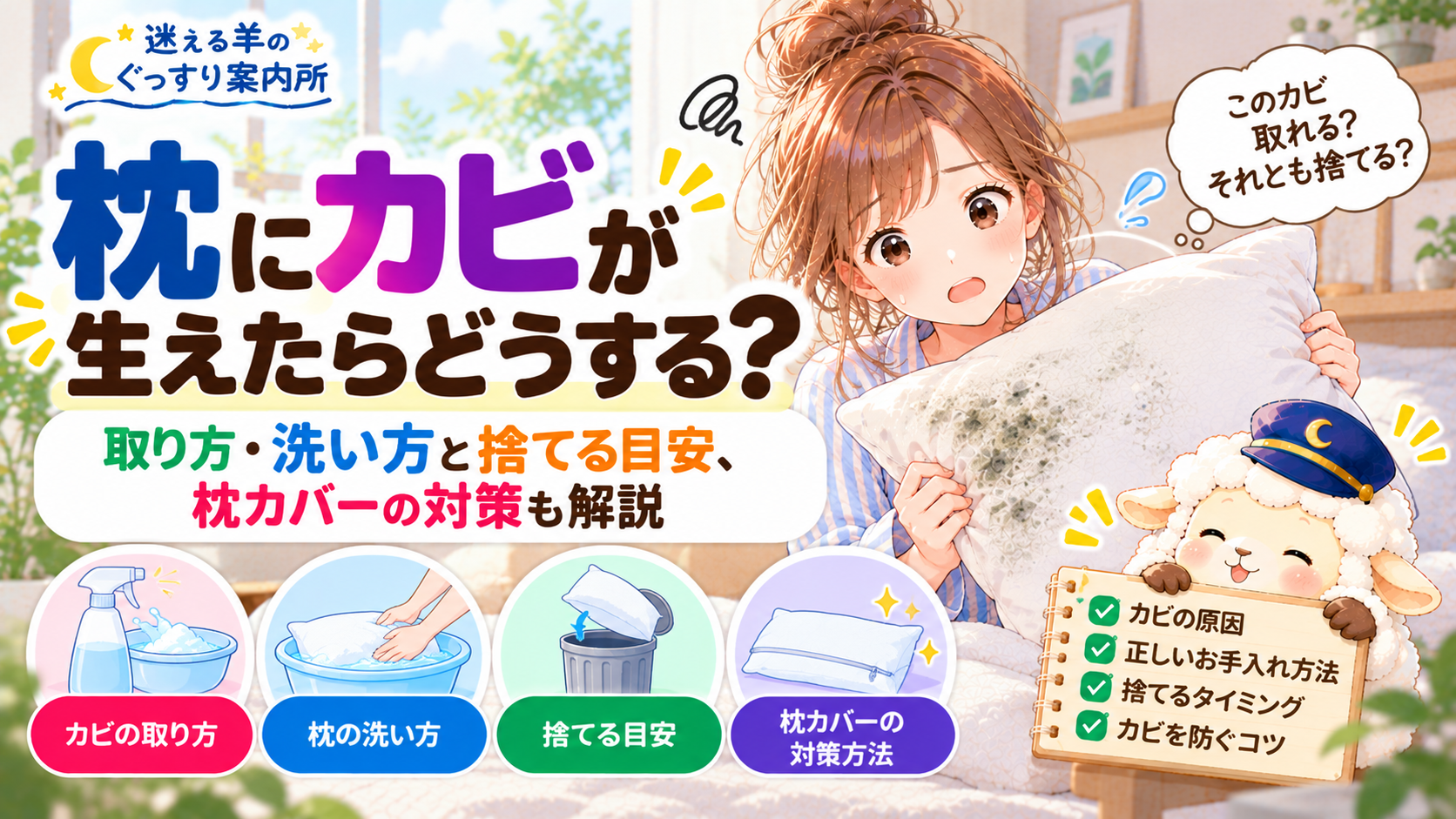 枕にカビが生えたらどうする？取り方・洗い方と捨てる目安、枕カバーの対策も解説の記事のアイキャッチ画像
