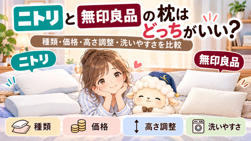 ニトリと無印良品の枕はどっちがいい？種類・価格・高さ調整・洗いやすさを比較の記事のアイキャッチ画像