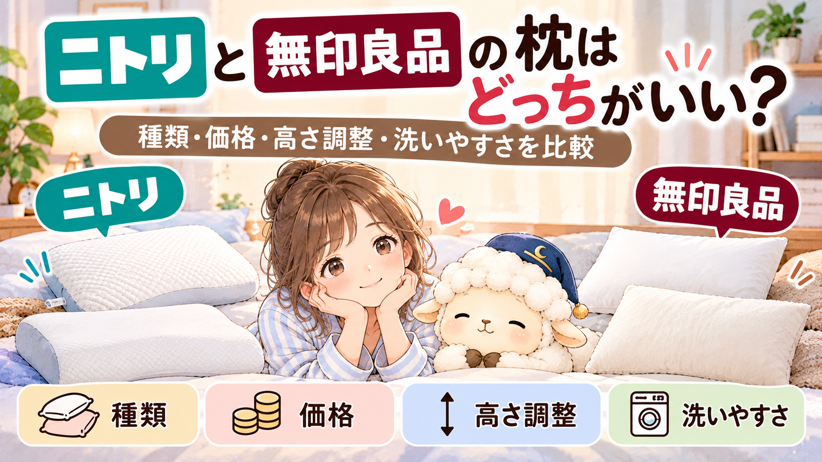 ニトリと無印良品の枕はどっちがいい？種類・価格・高さ調整・洗いやすさを比較の記事のアイキャッチ画像