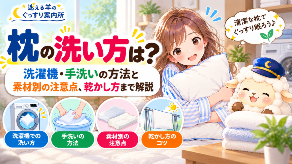 枕の洗い方は？洗濯機・手洗いの方法と素材別の注意点、乾かし方まで解説の記事のアイキャッチ画像