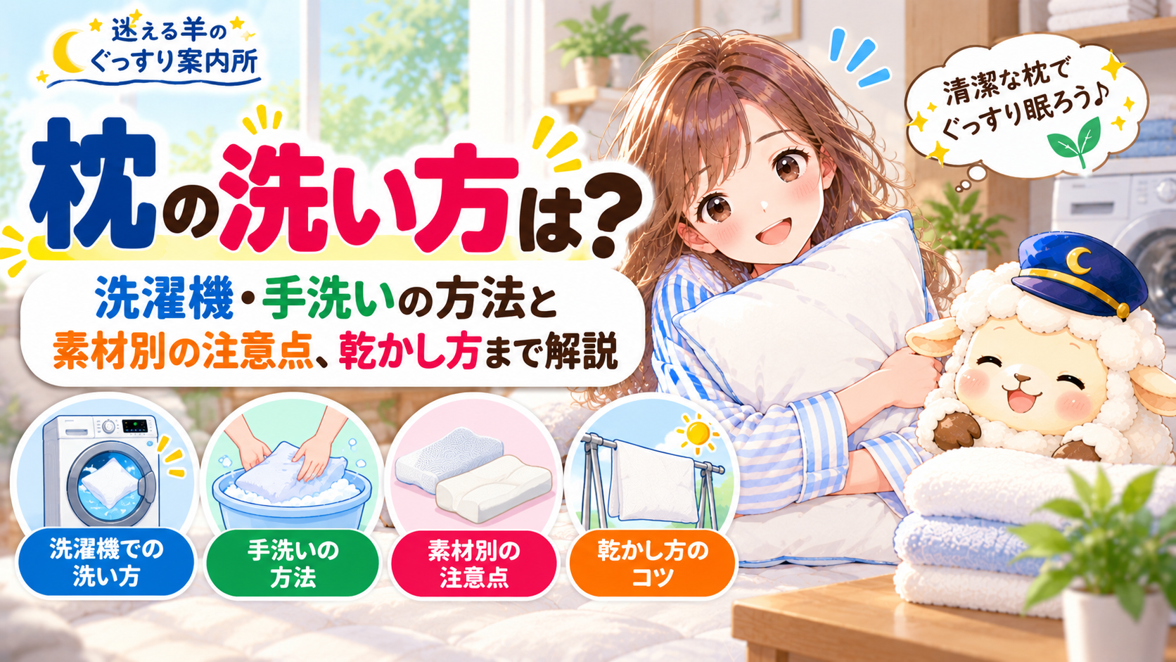 枕の洗い方は?洗濯機・手洗いの方法と素材別の注意点、乾かし方まで解説の記事のアイキャッチ画像