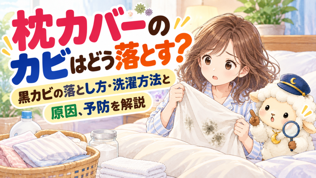 枕カバーのカビはどう落とす？黒カビの落とし方・洗濯方法と原因、予防を解説の記事のアイキャッチ画像