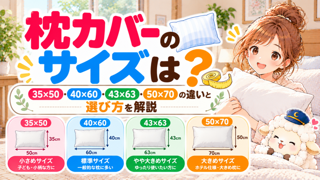 枕カバーのサイズは？35×50・40×60・43×63・50×70の違いと選び方を解説の記事のアイキャッチ画像
