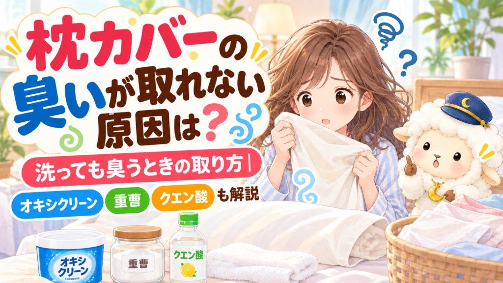 枕カバーの臭いが取れない原因は？洗っても臭うときの取り方｜オキシクリーン・重曹・クエン酸も解説の記事のアイキャッチ画像