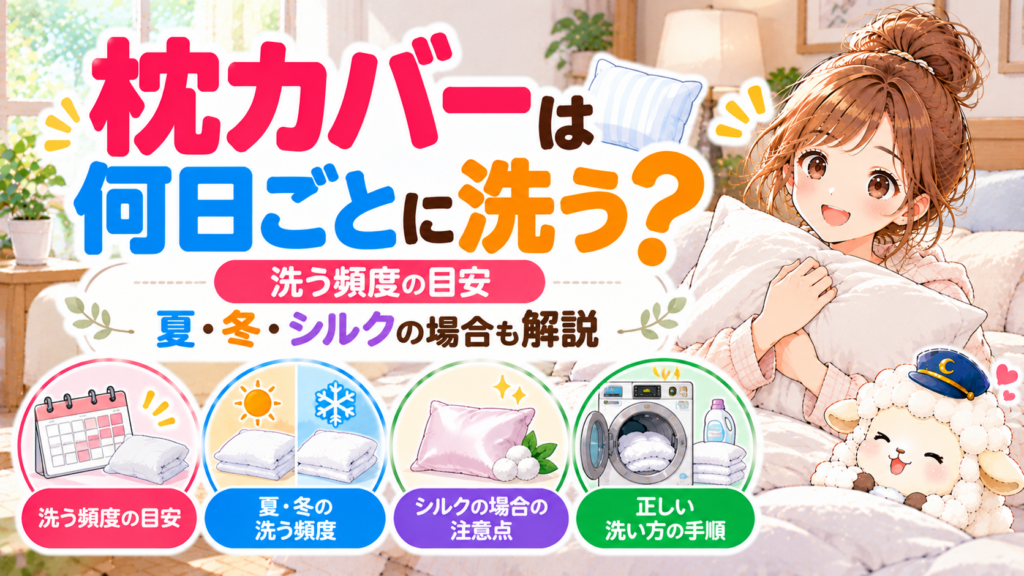 枕カバーは何日ごとに洗う？洗う頻度の目安｜夏・冬・シルクの場合も解説の記事のアイキャッチ画像