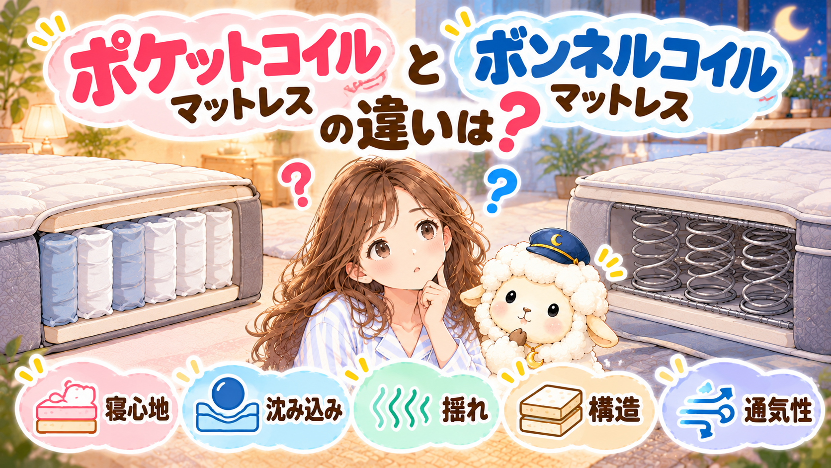 マットレスのポケットコイルとボンネルコイルの違いは?寝心地・揺れ・構造・通気性を比較の記事のアイキャッチ画像