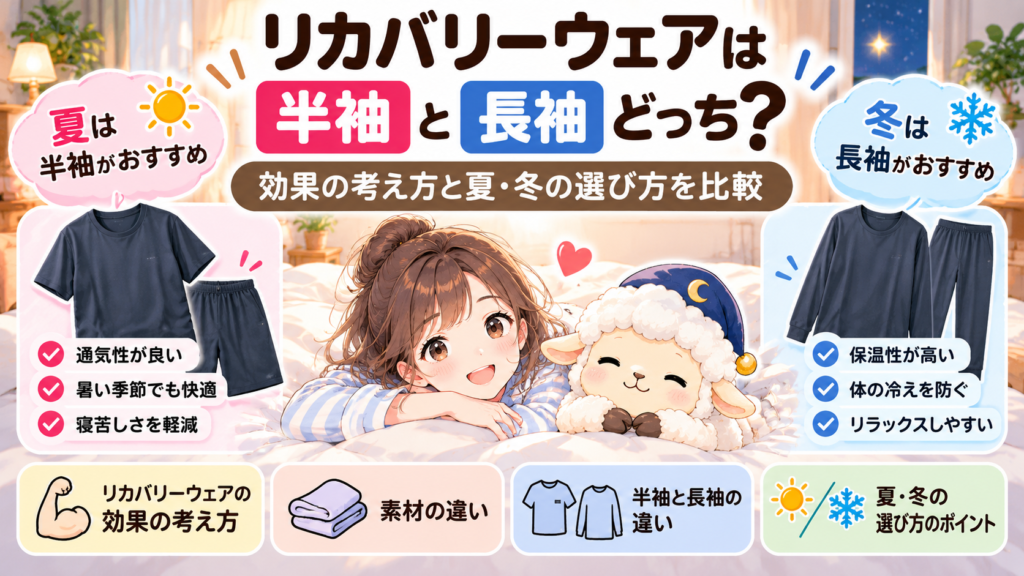 リカバリーウェアは半袖と長袖どっち？効果の考え方と夏・冬の選び方を比較の記事のアイキャッチ画像