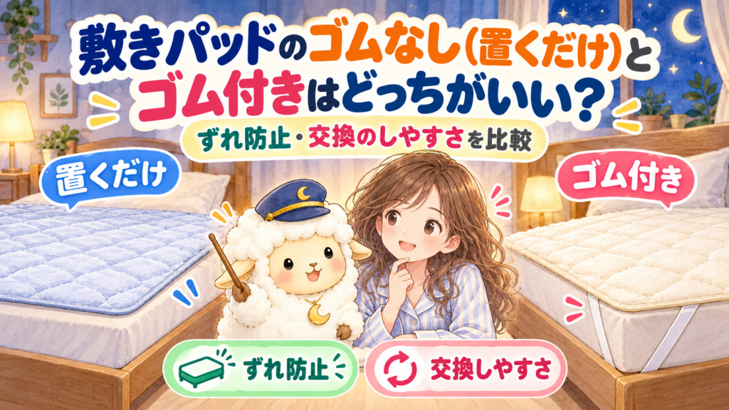 敷きパッドのゴムなし（置くだけ）とゴム付きはどっちがいい？ずれ防止・交換のしやすさを比較の記事のアイキャッチ画像