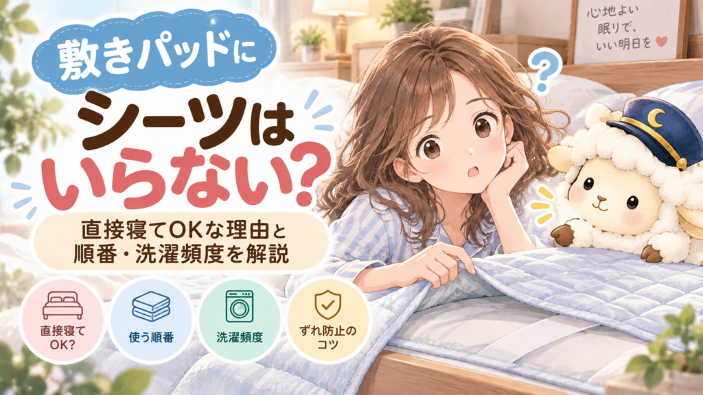 敷きパッドにシーツはいらない？直接寝てOKな理由と順番・洗濯頻度を解説の記事のアイキャッチ画像