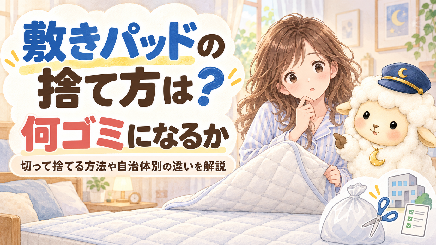 敷きパッドの捨て方は？何ゴミになるか・切って捨てる方法や自治体別の違いを解説の記事のアイキャッチ画像