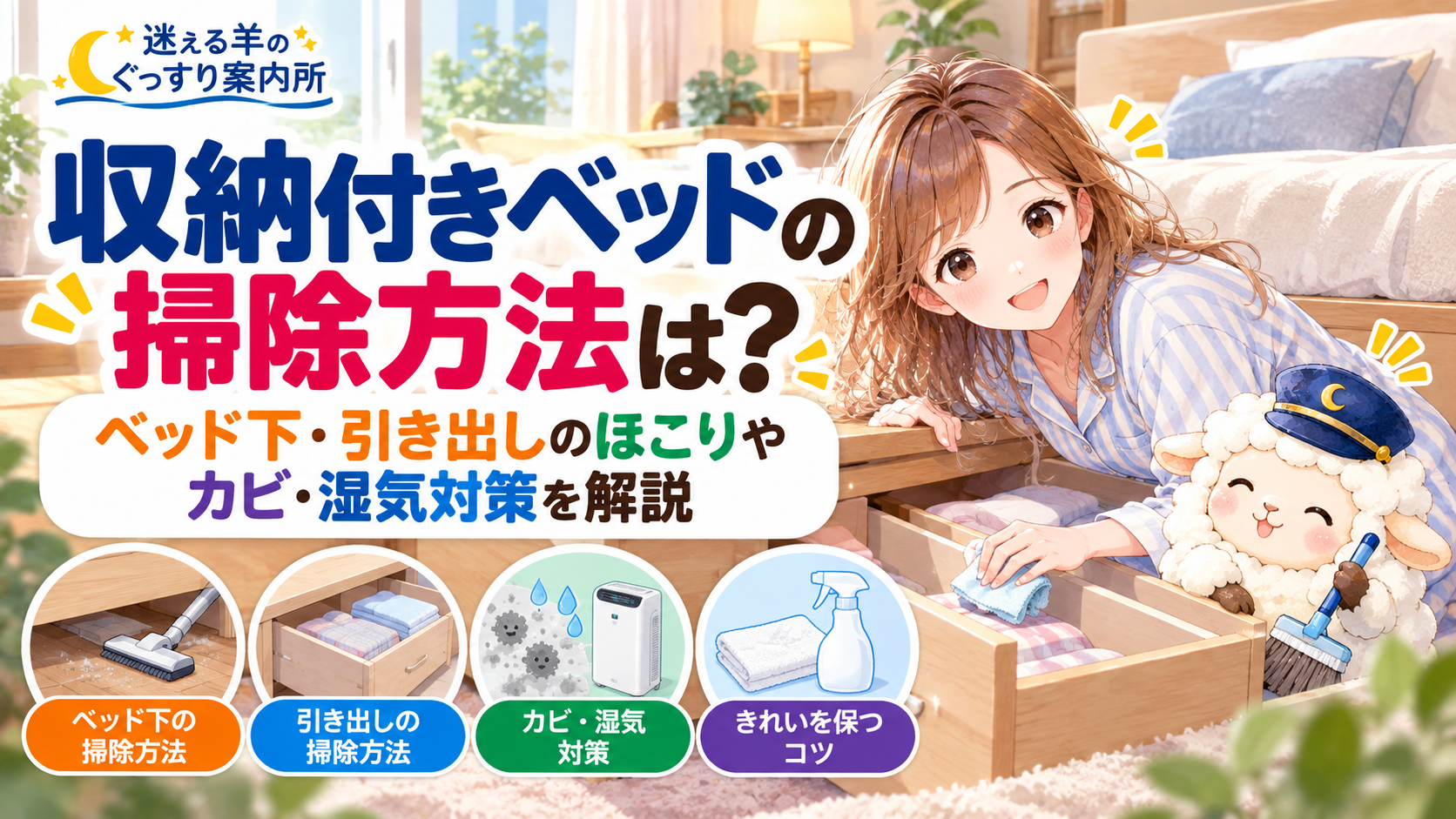 収納付きベッドの掃除方法は？ベッド下・引き出しのほこりやカビ・湿気対策を解説の記事のアイキャッチ画像
