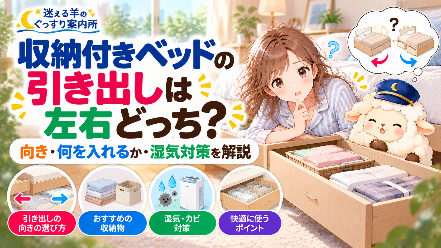 収納付きベッドの引き出しは左右どっち?向き・何を入れるか・湿気対策を解説の記事のアイキャッチ画像