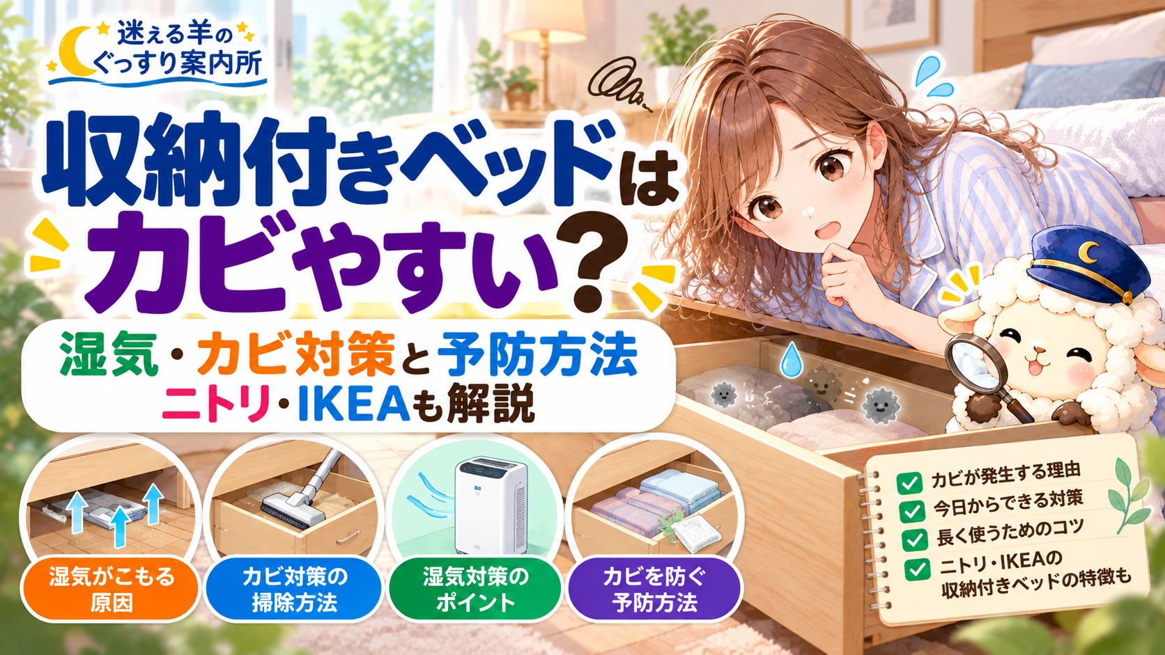 収納付きベッドはカビやすい？湿気・カビ対策と予防方法｜ニトリ・IKEAも解説の記事のアイキャッチ画像
