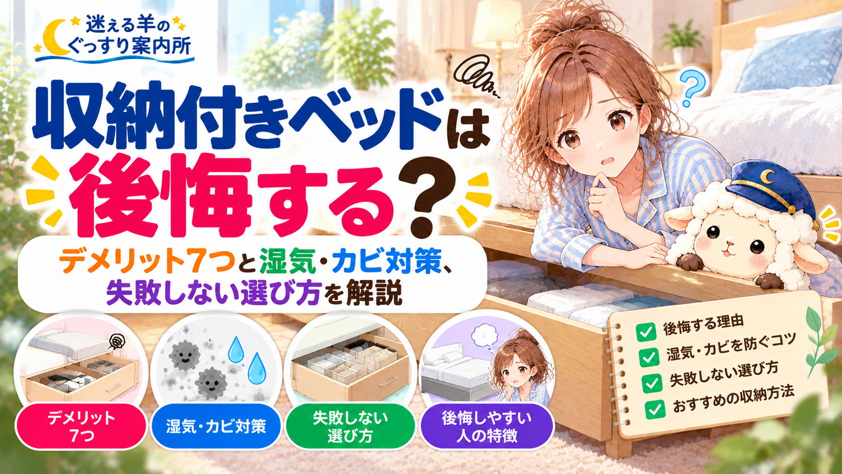 収納付きベッドは後悔する？デメリット7つと湿気・カビ対策、失敗しない選び方を解説の記事のアイキャッチ画像