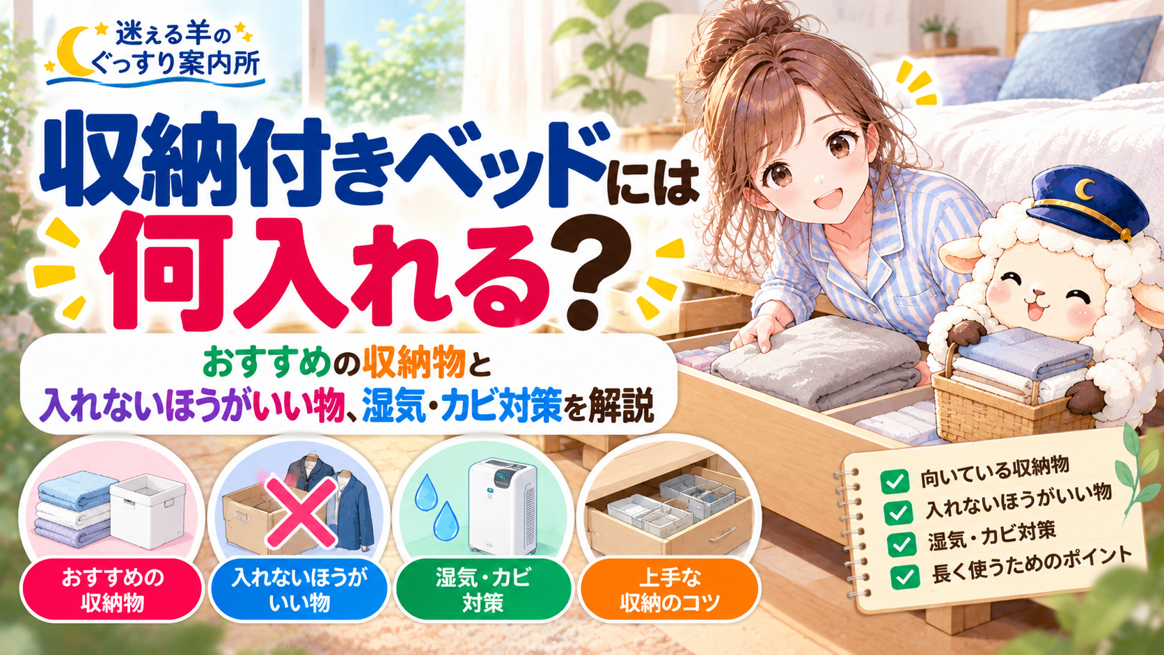 収納付きベッドには何入れる?おすすめの収納物と入れないほうがいい物、湿気・カビ対策を解説の記事のアイキャッチ画像