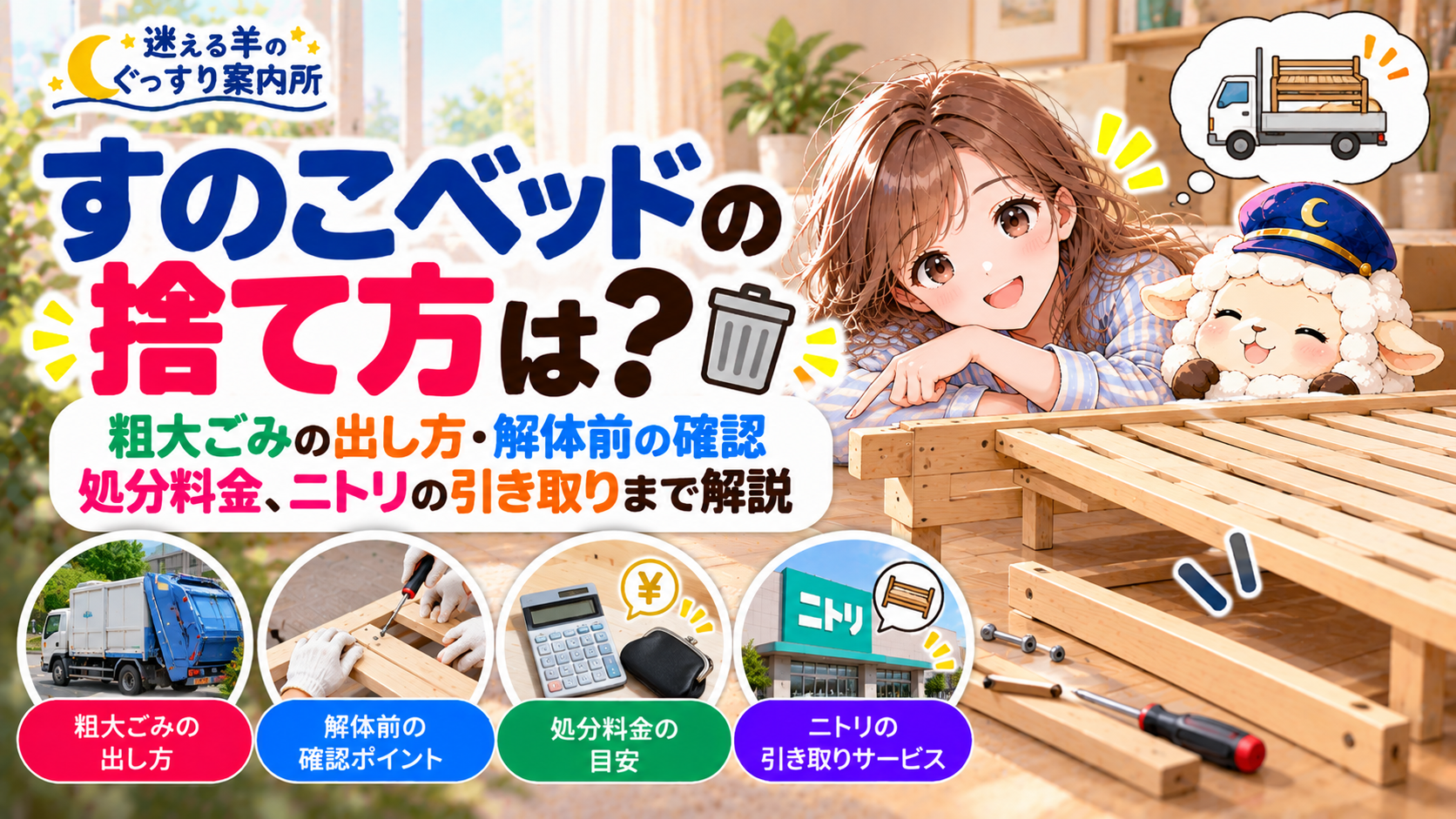 すのこベッドの捨て方は?粗大ごみの出し方・解体前の確認・処分料金、ニトリの引き取りまで解説の記事のアイキャッチ画像