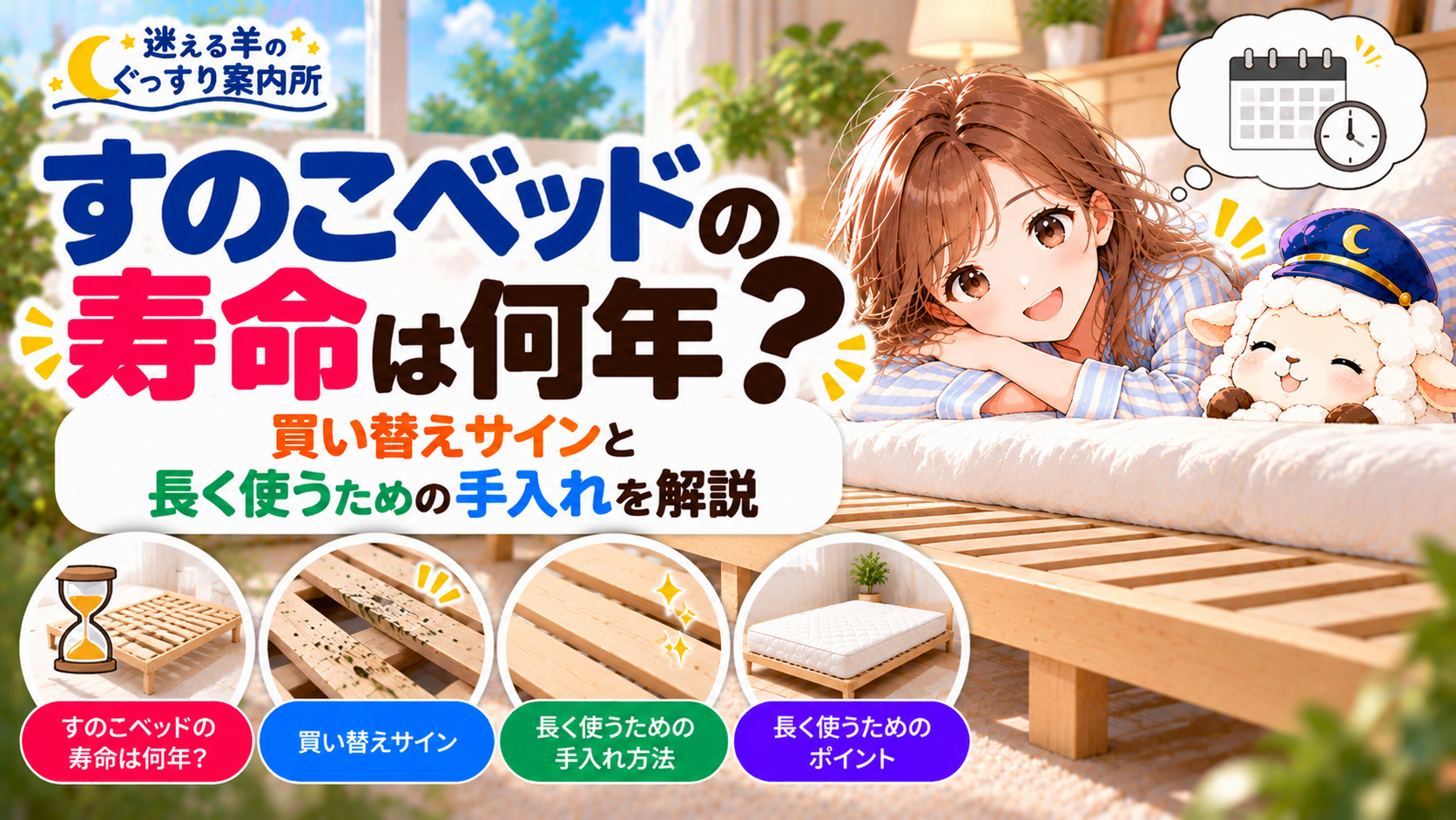 すのこベッドの寿命は何年？買い替えサインと長く使うための手入れを解説の記事のアイキャッチ画像