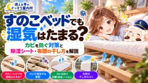 すのこベッドでも湿気はたまる？カビを防ぐ対策と除湿シート・布団の干し方を解説の記事のアイキャッチ画像