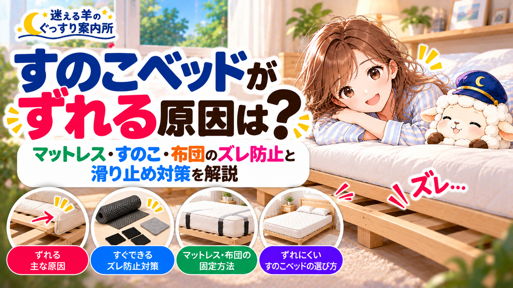 すのこベッドがずれる原因は？マットレス・すのこ・布団のズレ防止と滑り止め対策の記事のアイキャッチ画像