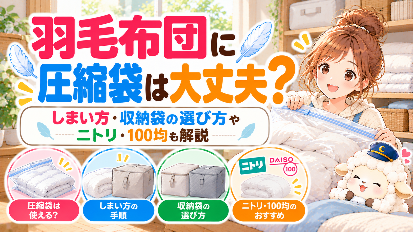 羽毛布団に圧縮袋は大丈夫？しまい方・収納袋の選び方やニトリ・100均も解説の記事のアイキャッチ画像