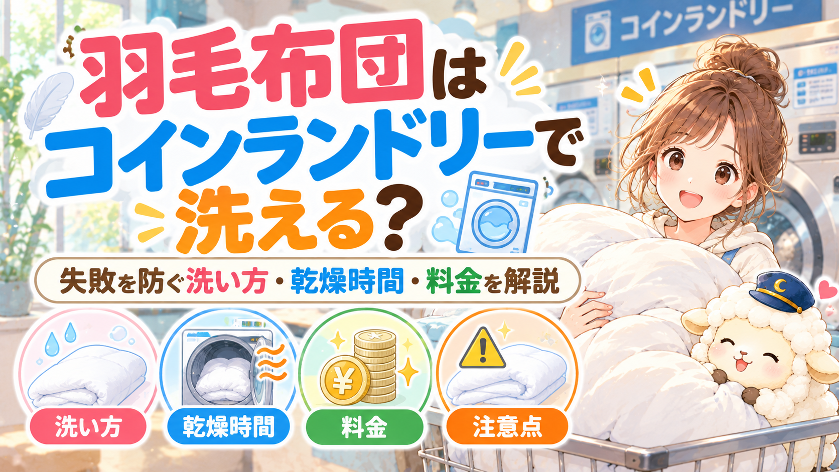 羽毛布団はコインランドリーで洗える？失敗を防ぐ洗い方・乾燥時間・料金を解説の記事のアイキャッチ画像