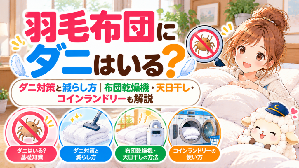 羽毛布団にダニはいる？ダニ対策と減らし方｜布団乾燥機・天日干し・コインランドリーも解説の記事のアイキャッチ画像