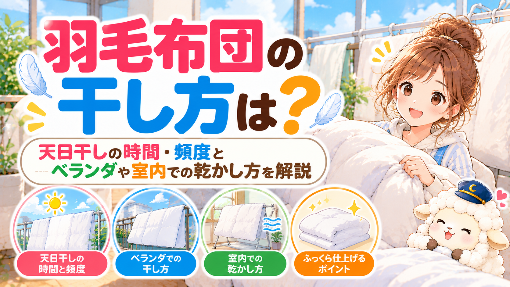 羽毛布団の干し方は？天日干しの時間・頻度とベランダや室内での乾かし方を解説の記事のアイキャッチ画像