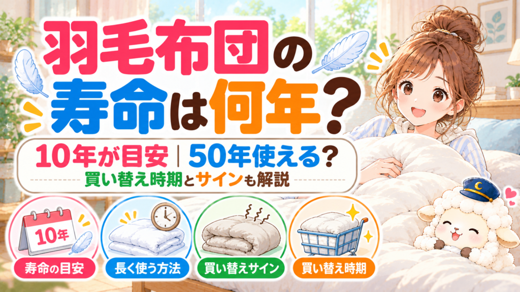 羽毛布団の寿命は何年？10年が目安｜50年使える？買い替え時期とサインも解説の記事のアイキャッチ画像