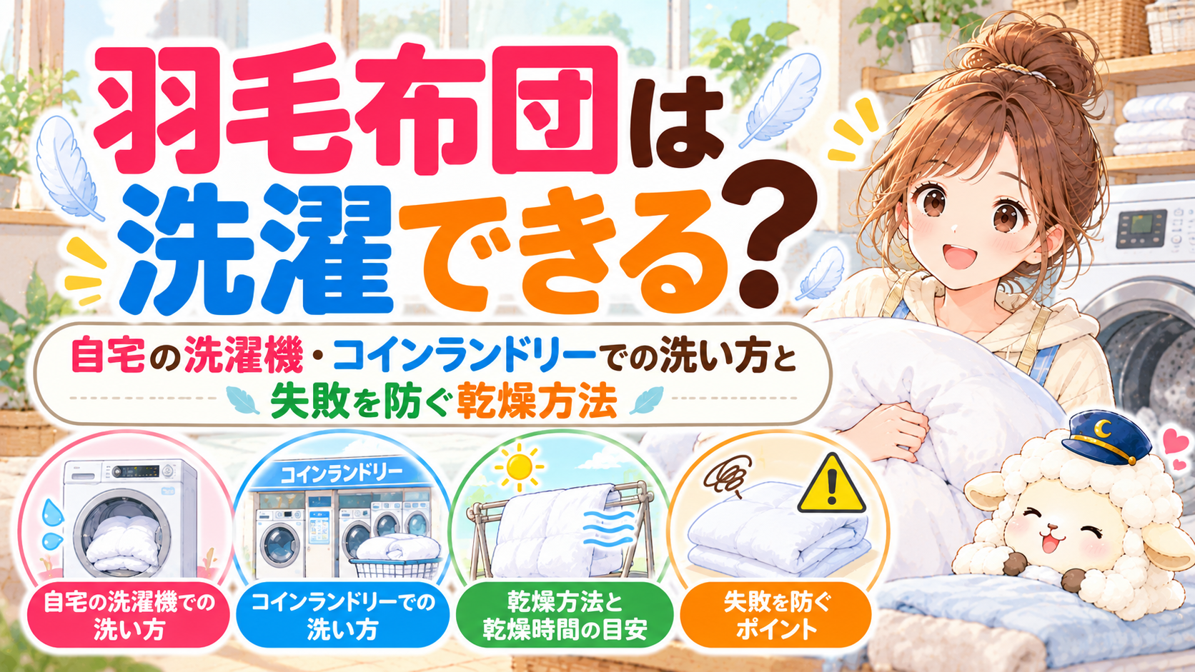 羽毛布団は洗濯できる？自宅の洗濯機・コインランドリーでの洗い方と失敗を防ぐ乾燥方法の記事のアイキャッチ画像